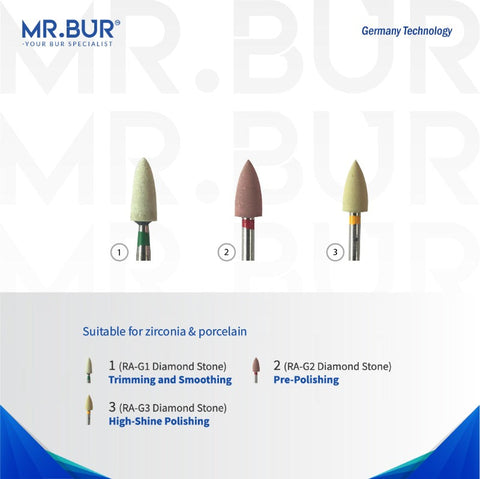 These are 3 HP & RA Diamond Stone (Trim , Pre-Polishing & High Shine Zirconia & Porcelain) dental burs sold by mr Bur