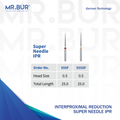 This picture show Mr. Bur Fine Grit Pre-Polishing 555F and Super Fine Finishing Super Needle Diamond Burs 555SF that are perfect for orthodontic treatment, interproximal reduction, polishing, finishing, and achieving a high shine. 