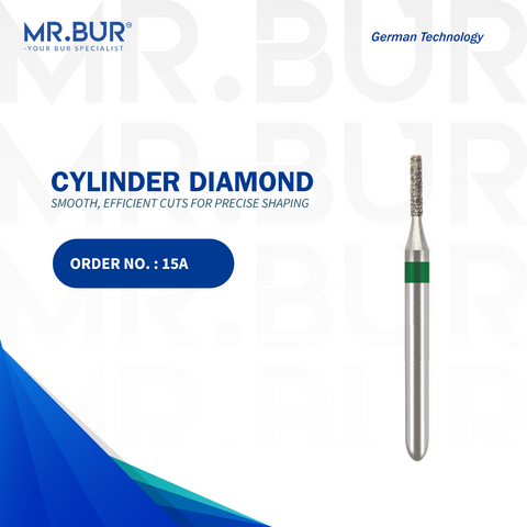 This is the Cylinder Coarse FG Diamond Dental Bur from Mr. Bur, ideal for cavity preparation, crown preparation, removal of old fillings, and working on new fillings. It is fully sterilizable, making it a versatile tool for dentists and dental technicians.