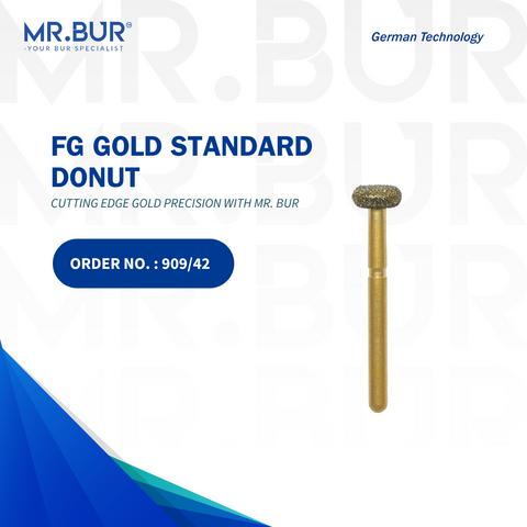 Premium Gold Donut Diamond Bur FG by Mr. Bur, ideal for crown and bridge procedures, crown preparation, and veneer preparation; fully sterilizable for repeated use, surpassing the performance of competitors like Meisinger, Mani, Shofu, Eagle Dental, and Trihawk.