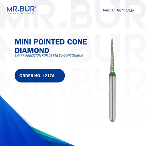 This is the Mini Pointed Cone FG Diamond Bur from Mr. Bur, the leading international dental diamond bur supplier, designed for crown and bridge work, crown preparation, interproximal reduction, orthodontic procedures, and is fully sterilizable for repeated use.