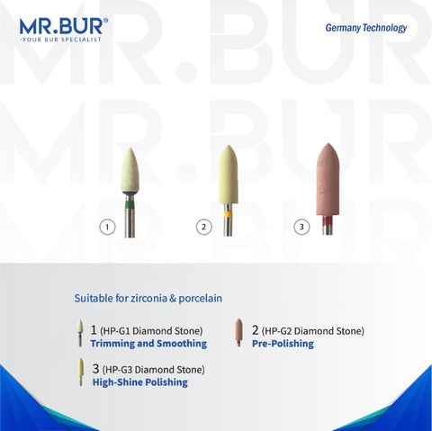 These are 3 HP & RA Diamond Stone (Trim , Pre-Polishing & High Shine Zirconia & Porcelain) set B sold by mr Bur