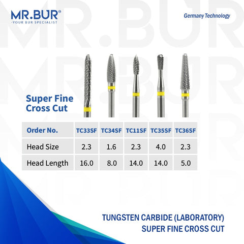 This image shows 5 TC Super Fine Cross Cut dental burs sold by mr Bur the best international dental bur supplier