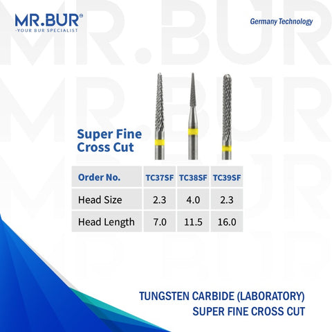 This image shows 3 TC Super Fine Cross Cut dental bur models sold by mr Bur the best international dental bur supplier